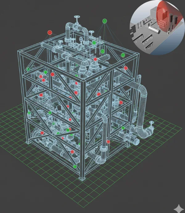 3D fire and gas detector coverage model showing mapped detection zones across a process unit