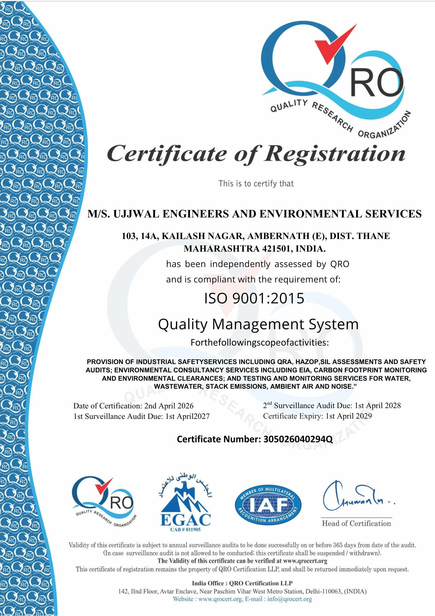 ISO 9001:2015 certificate issued to Ujjwal Engineers and Environmental Services