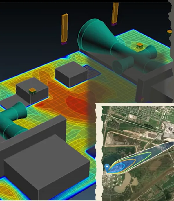 Consequence modelling showing radiation and dispersion contours for a process plant