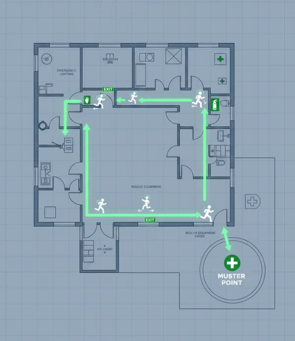 Escape route and muster area assessment mapped against major accident scenarios