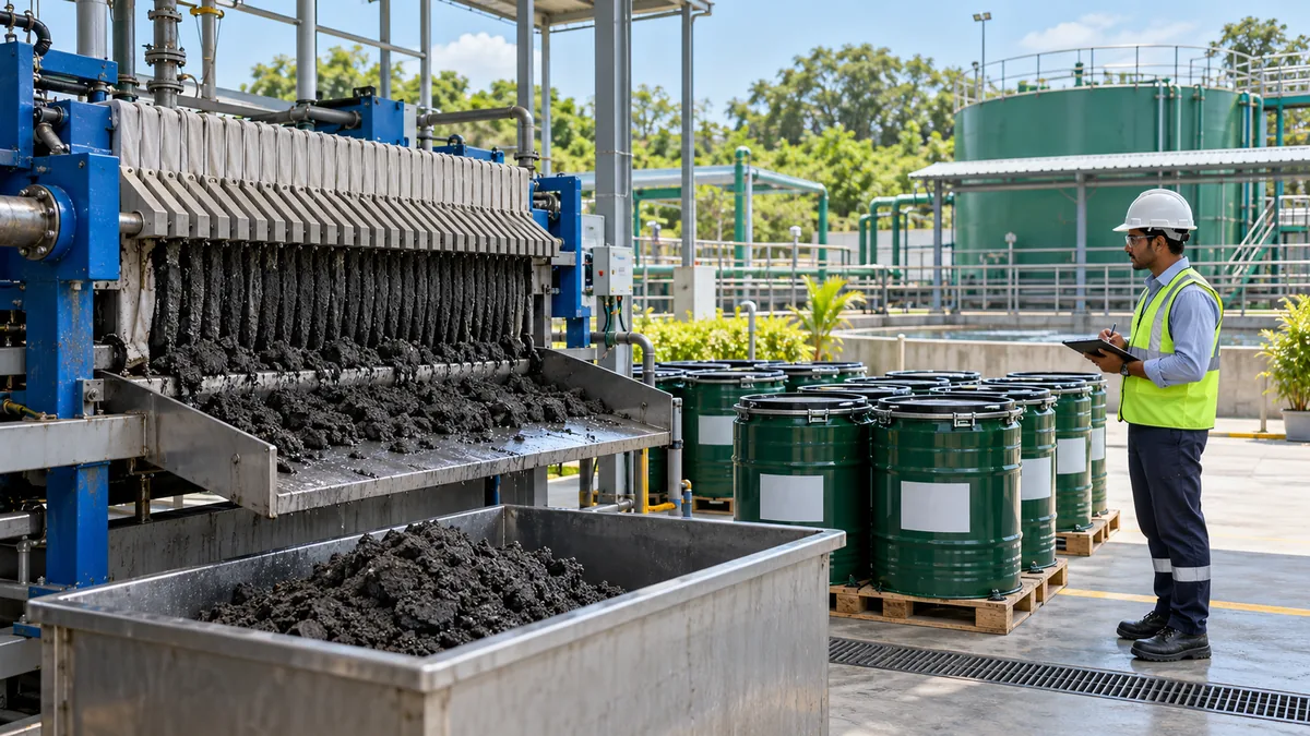 Environmental engineer inspecting filter press sludge and secured containers at an effluent treatment plant