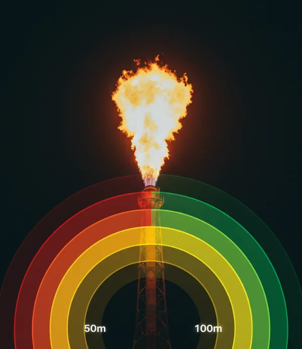 Elevated flare stack with thermal radiation contours assessed to API 521