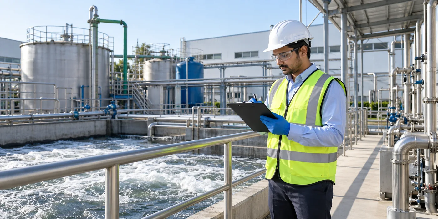 Environmental engineer inspecting wastewater treatment at an Indian food processing facility