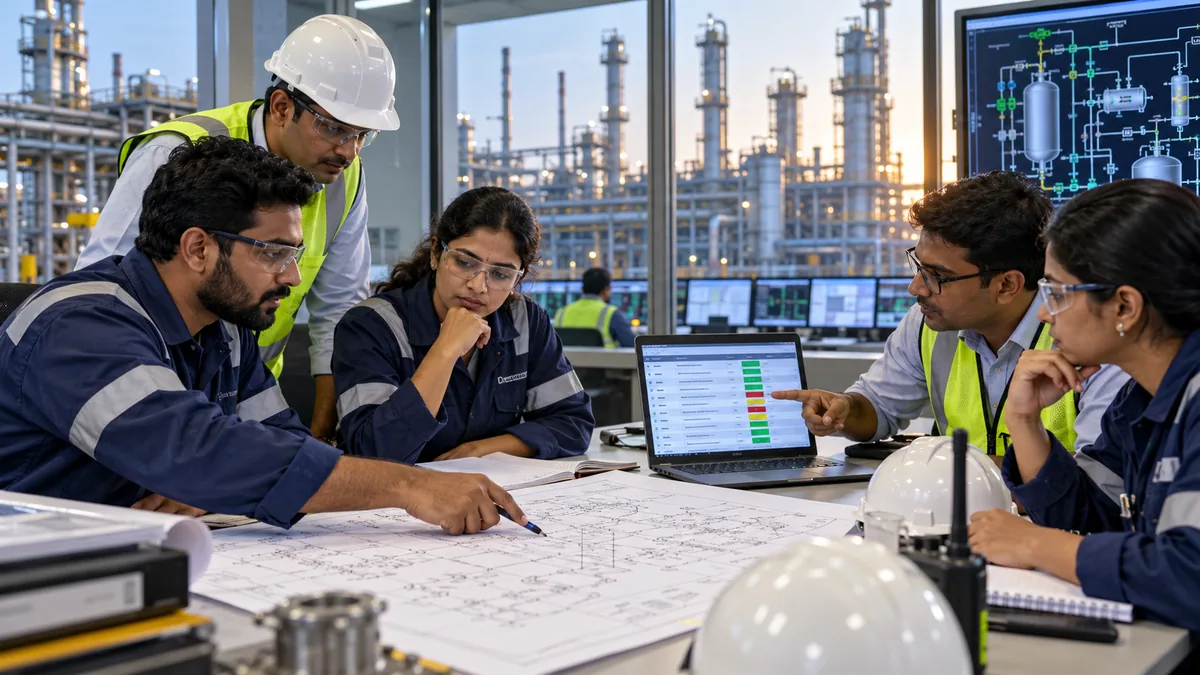 Process safety team reviewing P and ID drawings and a HAZOP action tracker in a plant control room