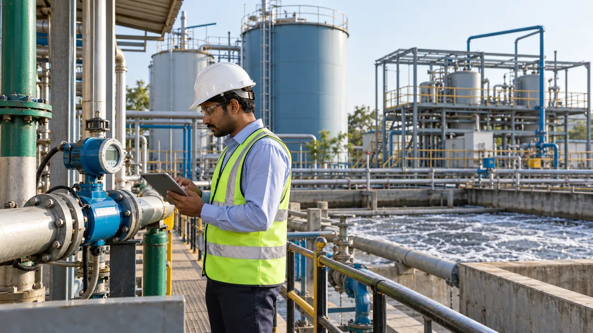 Environmental engineer checking a flow meter and tablet during an industrial water balance audit at an effluent treatment plant