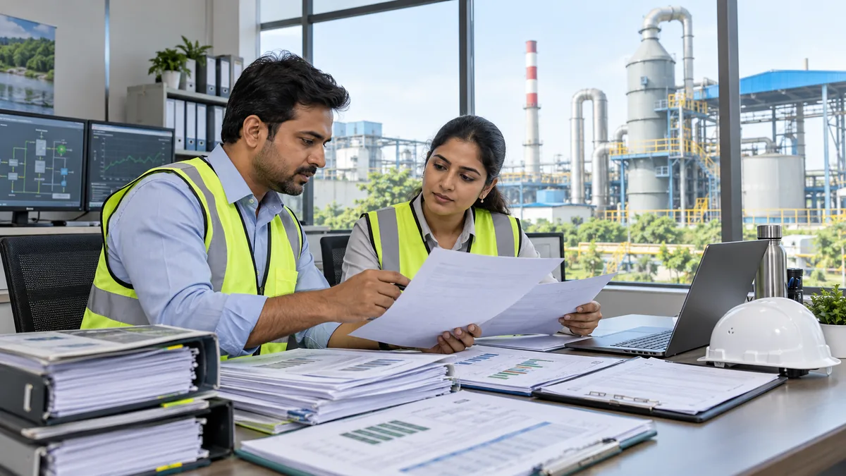 Environmental engineer and compliance manager reviewing MPCB consent renewal documents at an industrial facility