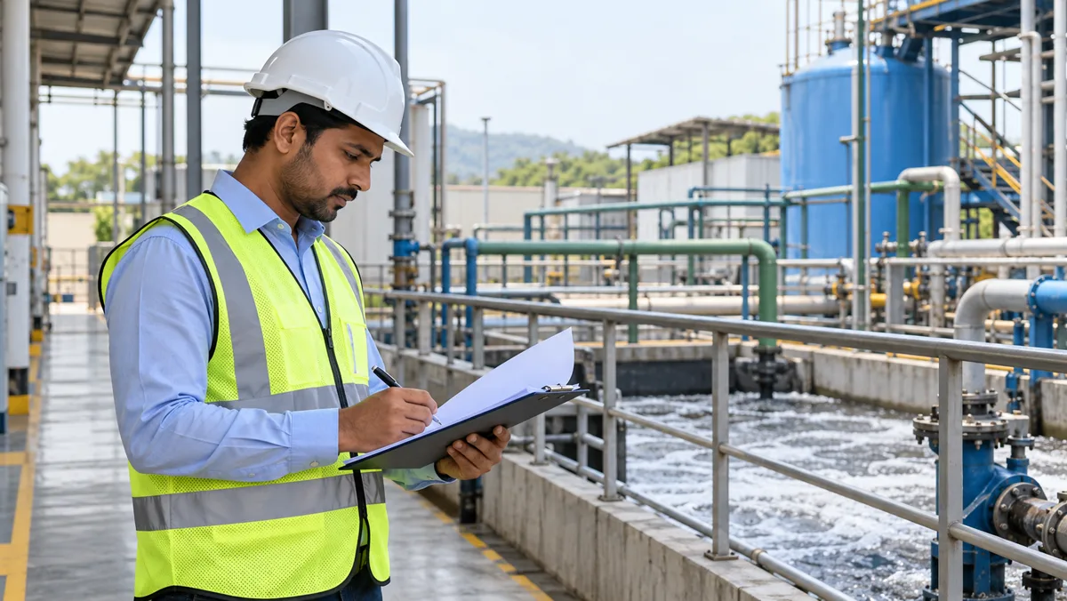 Environmental engineer reviewing compliance documents beside an industrial effluent treatment plant in Maharashtra