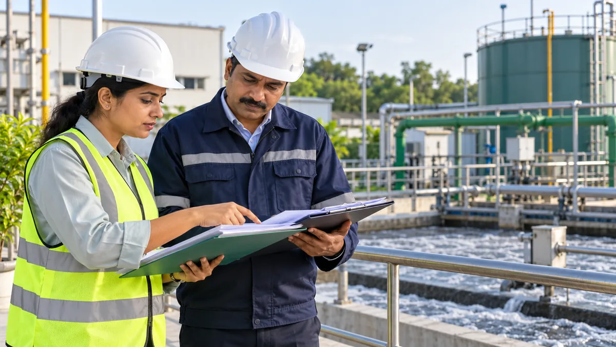Environmental engineer and factory manager reviewing MPCB compliance documents at an industrial site