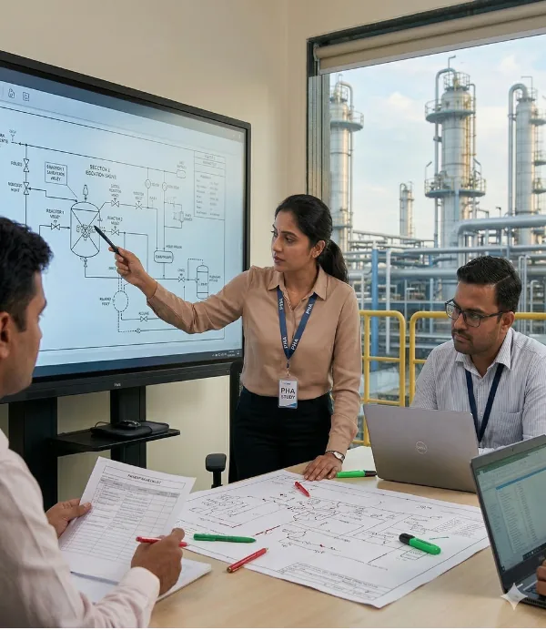 Process hazard analysis workshop reviewing a chemical plant node by node