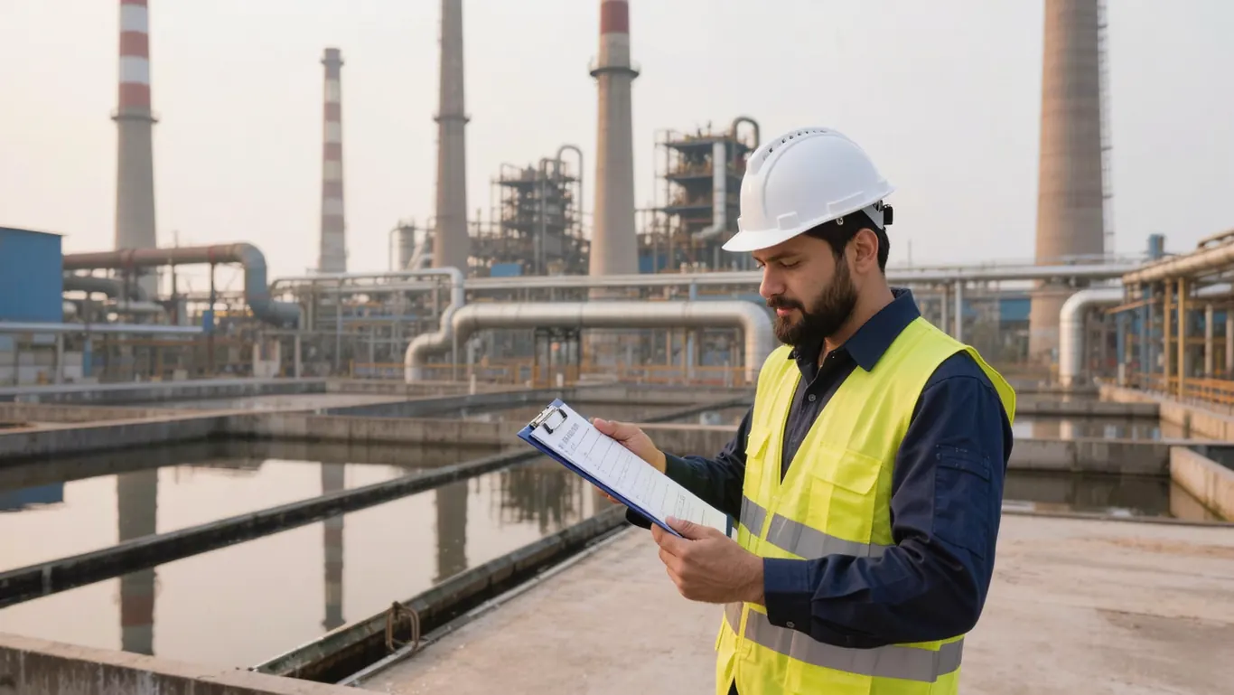 Engineer reviewing an MPCB consent application checklist at an industrial plant
