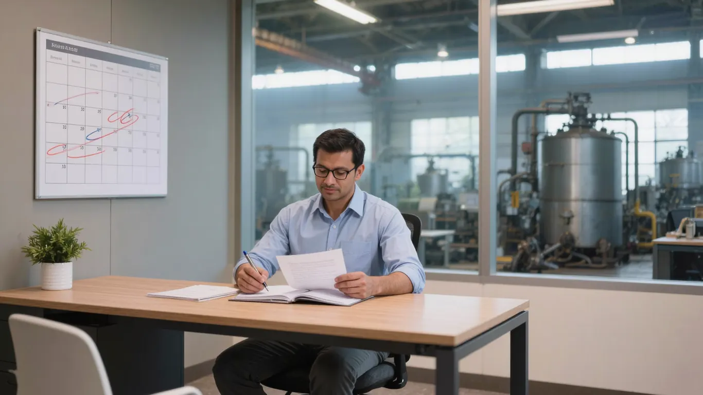 Factory compliance manager reviewing consent documents and a renewal calendar