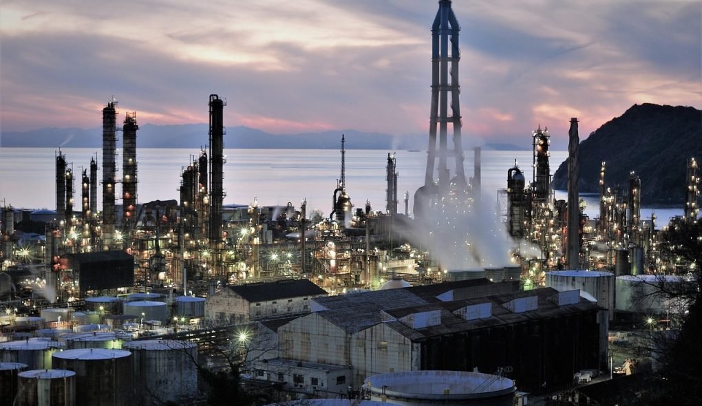 factory night view, refinery, nature, sunset, pollution, urban